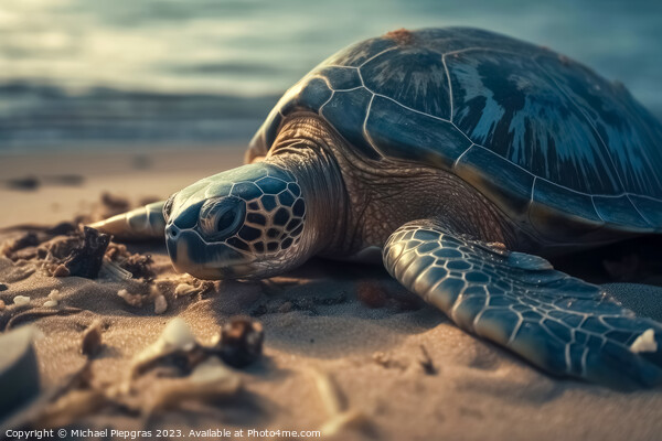 A large turtle drags itself onto a beach created with generative Picture Board by Michael Piepgras