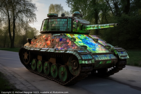 A military tank made of stained glas on a road created with gene Picture Board by Michael Piepgras