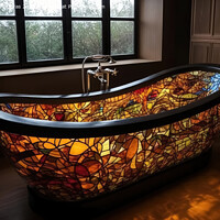 Buy canvas prints of A stained glass bathtub created with generative AI technology. by Michael Piepgras