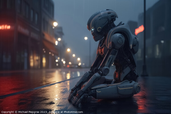 A homeless AI robot sitting on a street corner begging for a few Picture Board by Michael Piepgras