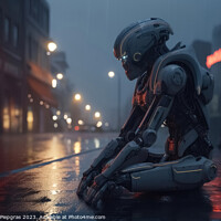 Buy canvas prints of A homeless AI robot sitting on a street corner begging for a few by Michael Piepgras