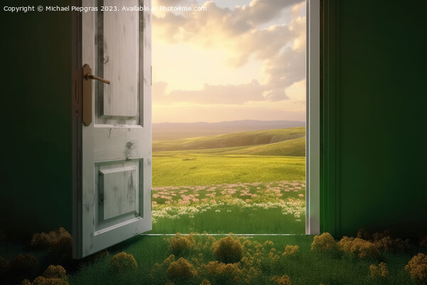 An open door stands in a green landscape created with generative Picture Board by Michael Piepgras