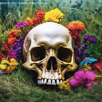 Buy canvas prints of Colorful flowers growing out of a skull some grass on the ground by Michael Piepgras