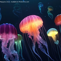 Buy canvas prints of Multiple brightly coloured jellyfish in the depths of the ocean  by Michael Piepgras