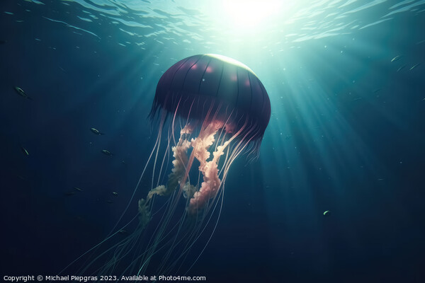 Realistic jellyfish in the depths of the ocean with lightbeams f Picture Board by Michael Piepgras
