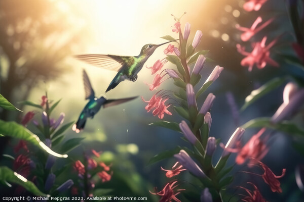 Several hummingbirds buzzing around flowers in a jungle created  Picture Board by Michael Piepgras