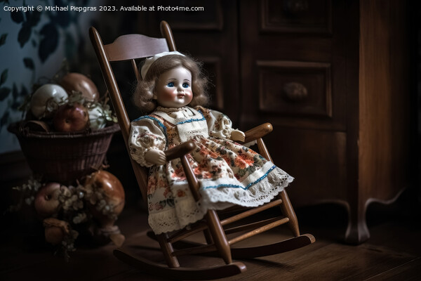 A beautiful vintage porcelain doll sitting on a rocking chair cr Picture Board by Michael Piepgras