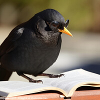 Buy canvas prints of A blackbird wearing sunglasses and reading a book created with g by Michael Piepgras