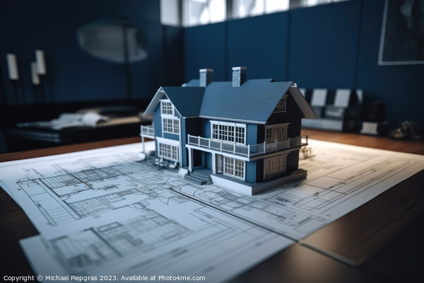 A blueprint of a residential house on a desk with a model of the Picture Board by Michael Piepgras