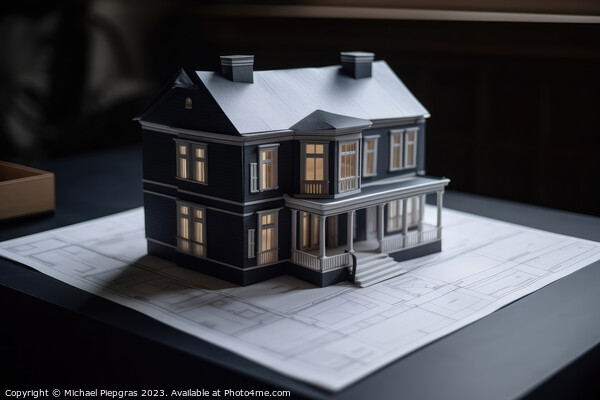 A blueprint of a residential house on a desk with a model of the Picture Board by Michael Piepgras