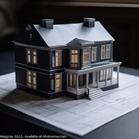 Buy canvas prints of A blueprint of a residential house on a desk with a model of the by Michael Piepgras