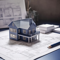 Buy canvas prints of A blueprint of a residential house on a desk with a model of the by Michael Piepgras