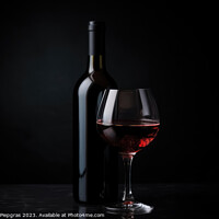 Buy canvas prints of A complete wine bottle and a matching glass on a reflective dark by Michael Piepgras