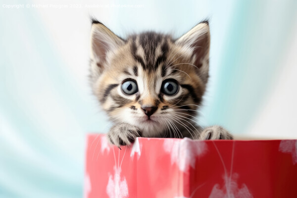 A cute kitten looking out of a present box created with generati Picture Board by Michael Piepgras