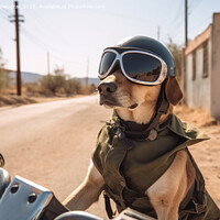 Buy canvas prints of A dog riding a motorbike created with generative AI technology. by Michael Piepgras