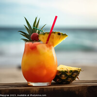 Buy canvas prints of A fruity cocktail with a beautiful paradise beach soft backgroun by Michael Piepgras