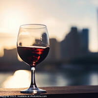 Buy canvas prints of A glass of red wine with a sunny city soft focus background crea by Michael Piepgras