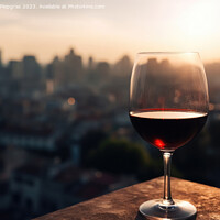 Buy canvas prints of A glass of red wine with a sunny city soft focus background crea by Michael Piepgras