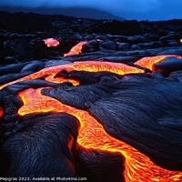 Buy canvas prints of A luminous magma flow in a lava field created with generative AI by Michael Piepgras