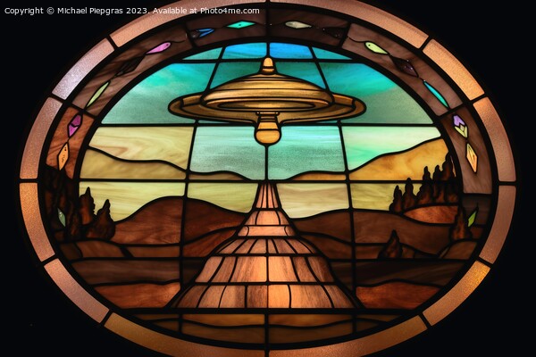 A stained glass scene of a UFO landing created with generative A Picture Board by Michael Piepgras
