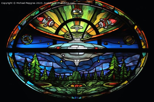 A stained glass scene of a UFO landing created with generative A Picture Board by Michael Piepgras