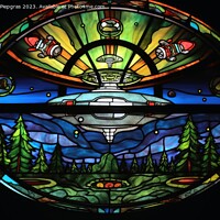 Buy canvas prints of A stained glass scene of a UFO landing created with generative A by Michael Piepgras