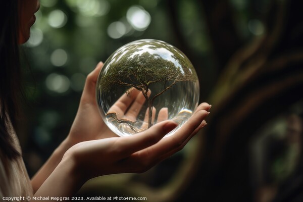 A tree inside of a glass sphere held by a female hand created wi Picture Board by Michael Piepgras