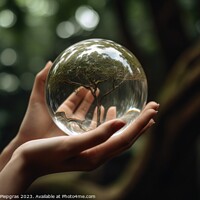Buy canvas prints of A tree inside of a glass sphere held by a female hand created wi by Michael Piepgras