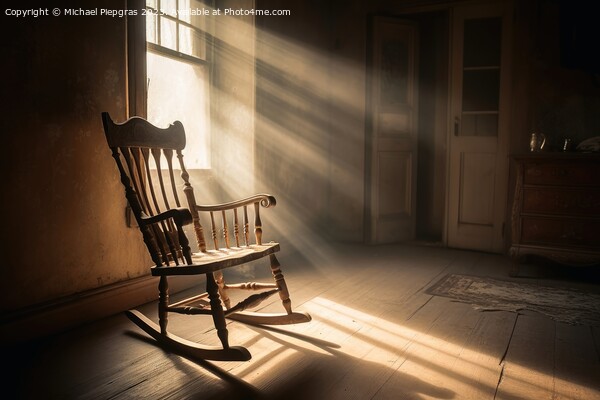 An old wooden rocking chair in a dusty vintage room with light b Picture Board by Michael Piepgras
