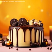 Buy canvas prints of Birthday cake with pouring chocolate on a yellow background crea by Michael Piepgras
