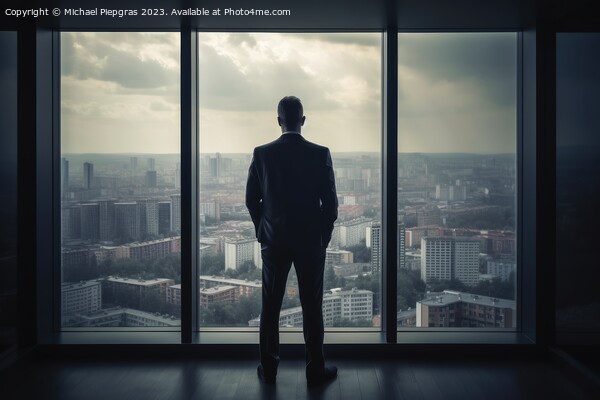 A businessman seen from behind is looking out of an office windo Picture Board by Michael Piepgras