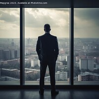 Buy canvas prints of A businessman seen from behind is looking out of an office windo by Michael Piepgras