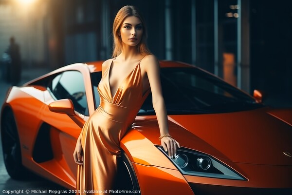 A sexy woman in an elegant dress standing next to a sports car c Picture Board by Michael Piepgras