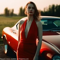 Buy canvas prints of A sexy woman in an elegant dress standing next to a sports car c by Michael Piepgras