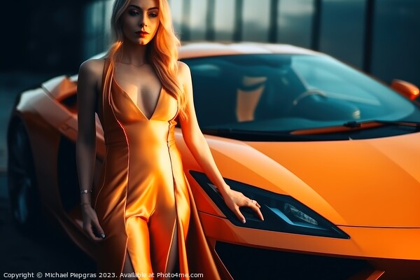 A sexy woman in an elegant dress standing next to a sports car c Picture Board by Michael Piepgras
