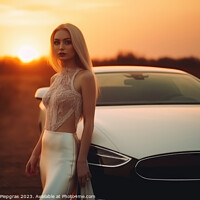 Buy canvas prints of A sexy woman in an elegant dress standing next to a sports car c by Michael Piepgras