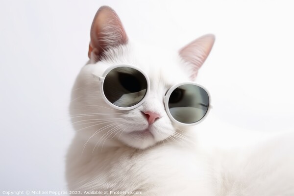 A cool white cat wearing black sunglasses on a white background  Picture Board by Michael Piepgras