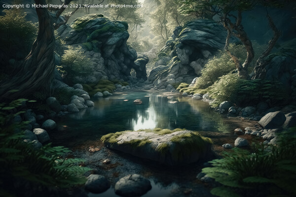 A dark forest with floating water created with generative AI tec Picture Board by Michael Piepgras