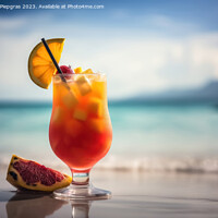 Buy canvas prints of A fruity cocktail with a beautiful paradise beach soft backgroun by Michael Piepgras