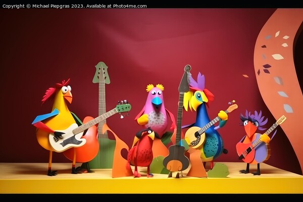 A music band consisting of colorful birds on a stage playing roc Picture Board by Michael Piepgras