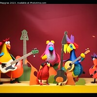 Buy canvas prints of A music band consisting of colorful birds on a stage playing roc by Michael Piepgras