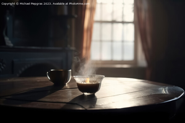 A steaming cup of tea on a table in a cosy old room created with Picture Board by Michael Piepgras