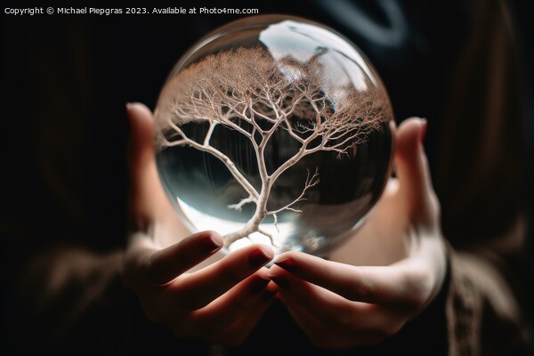 A tree inside of a glass sphere held by a female hand created wi Picture Board by Michael Piepgras