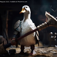 Buy canvas prints of A white duck as a barbarian with a big axe and shining armour cr by Michael Piepgras