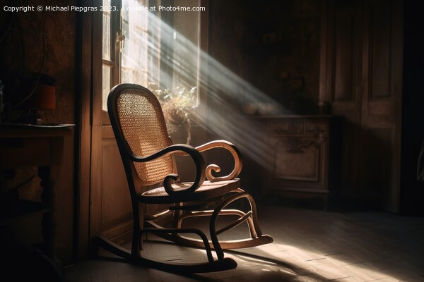 An old wooden rocking chair in a dusty vintage room with light b Picture Board by Michael Piepgras