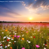 Buy canvas prints of Beautiful meadow with lots of flowers during sunset created with by Michael Piepgras
