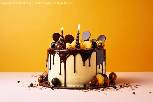 Birthday cake with pouring chocolate on a yellow background crea Picture Board by Michael Piepgras