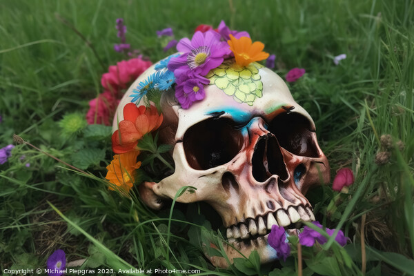 Colorful flowers growing out of a skull some grass on the ground Picture Board by Michael Piepgras