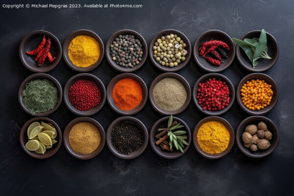 View from above of numerous spices in small bowls on a dark slate plate with copy space created with generative AI technology. Picture Board by Michael Piepgras