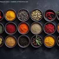 Buy canvas prints of View from above of numerous spices in small bowls on a dark slate plate with copy space created with generative AI technology. by Michael Piepgras